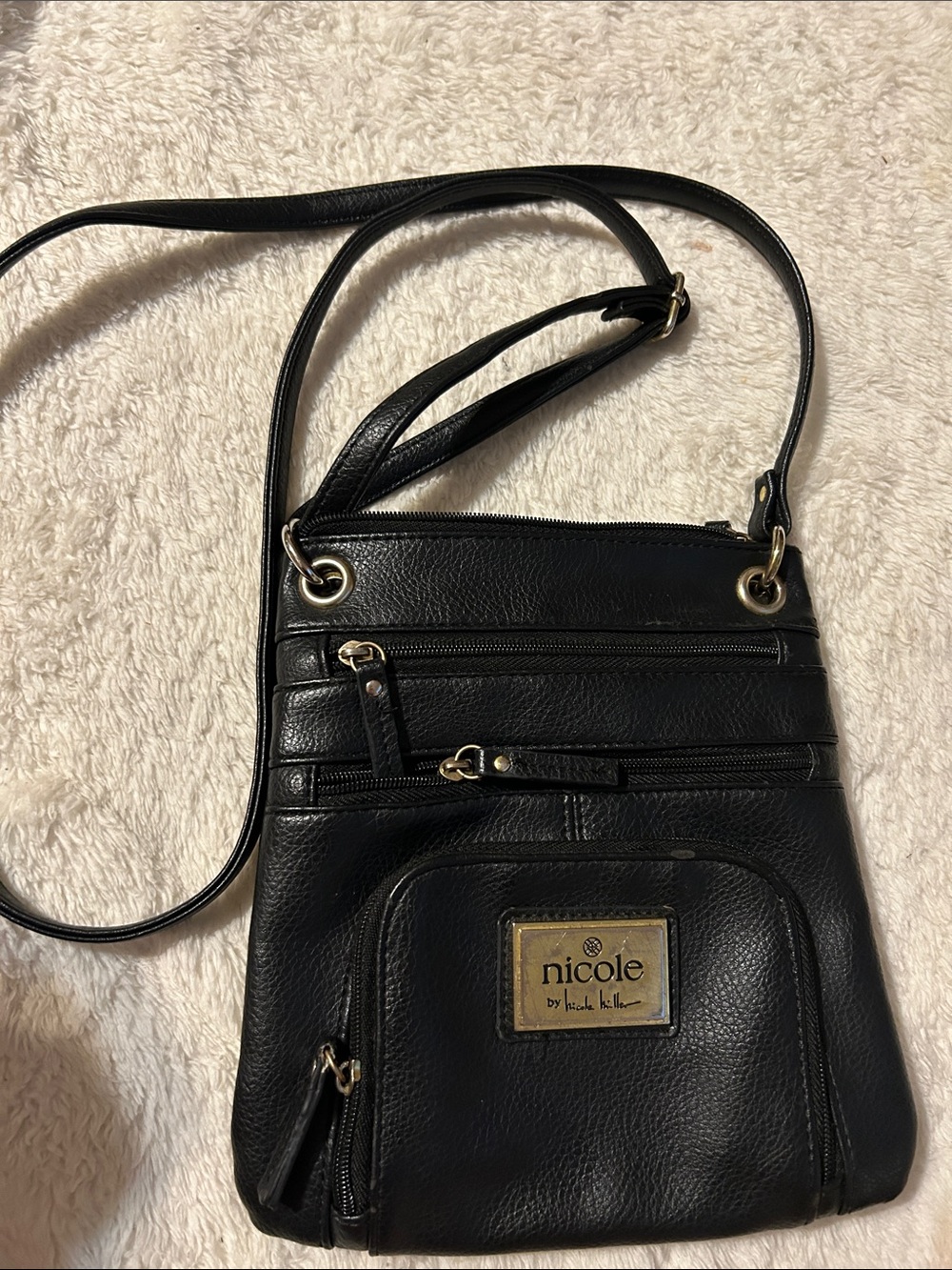 Nicole by Nicole Miller Black Leather-Look Crossbody with Gold Plaque